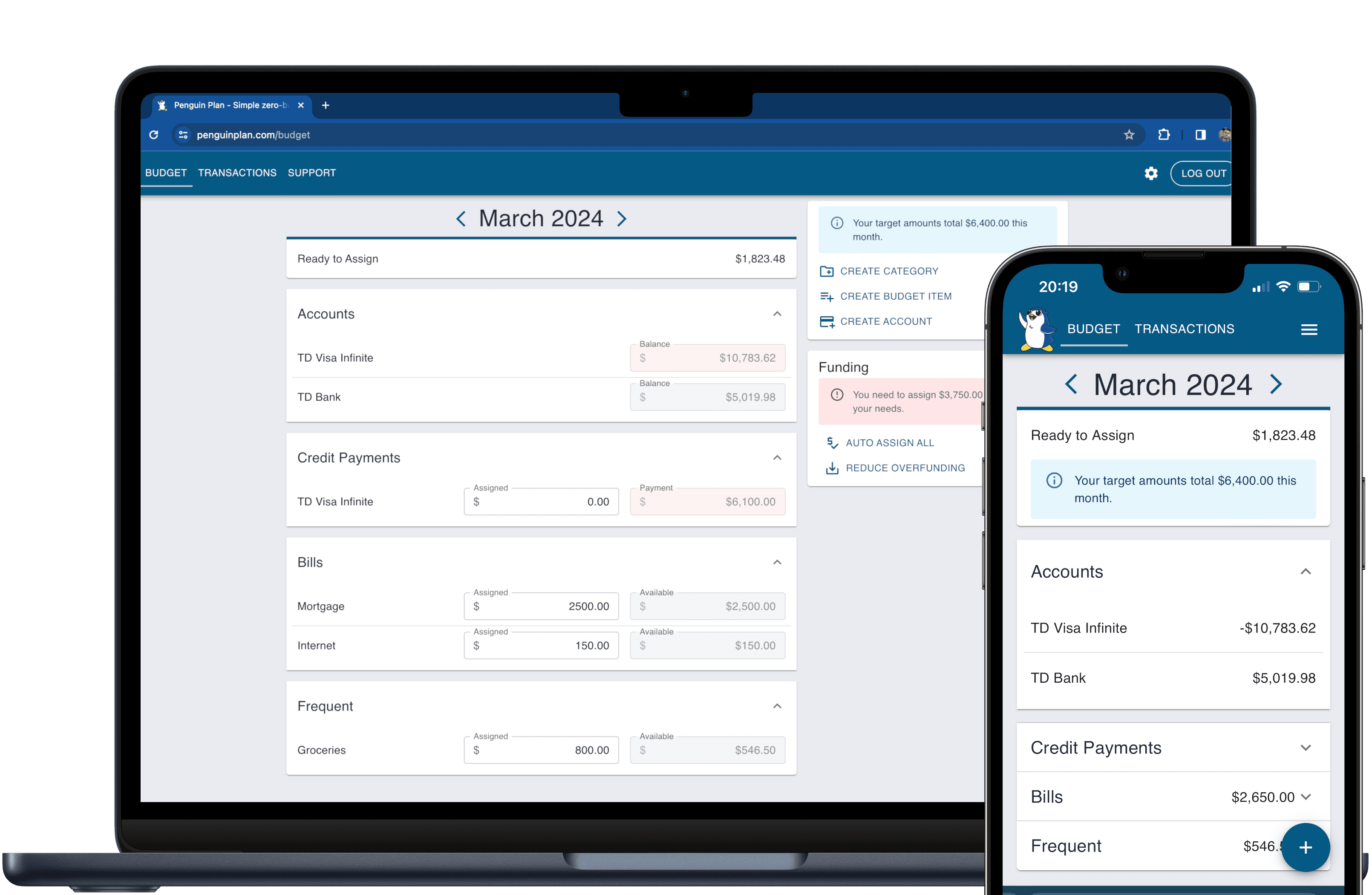 Sample budget display on desktop and mobile